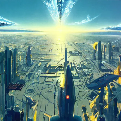 Image similar to aerial view of a science-fiction cityscape, cinematic angle, cinematic lighting, blue sky, sun in the sky, by Syd Mead, John Harris, Federico Pelat