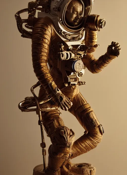 Image similar to high intricate statue of an astronaut carved from wood in baroque style, studio light, maria panfilova, andrea savchenko, mike kime, ludovic plouffe, qi sheng luo, oliver cook, trending on artstation