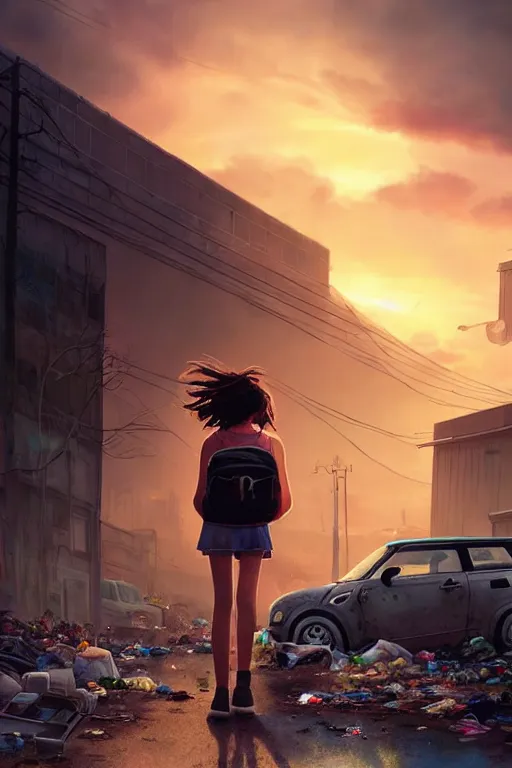 Image similar to teenage girl in mini short with backpack looking at food at garbage dump, destroyed cars, city is pure wasteland, moody sunset background, rays of sunlights, ( ( ( rainbow ) ) ), high details, sharp, photorealism, cinematic, greg rutkowski, artgerm, unreal engine, highly detailed