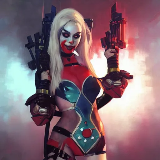 Image similar to portrait of Harley Quinn in bikini armor, dc comics, cyberpunk, Warhammer 40000, dark fantasy, digital art from artstation by Ruan Jia and Mandy Jurgens and Artgerm and william-adolphe bouguereau