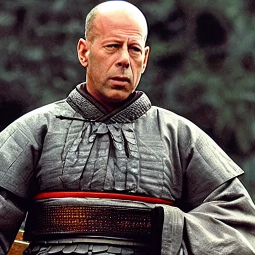 Prompt: Bruce Willis as samurai , film still,