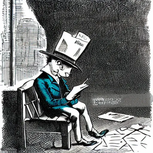 Image similar to a rabbit detective sitting on a park bench and reading a newspaper in a victorian setting, cartoon