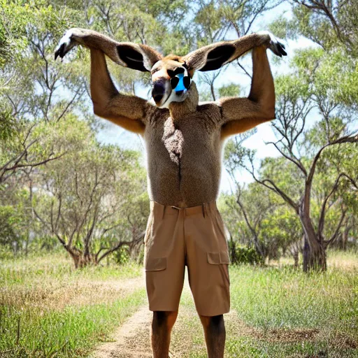 Image similar to a photo of a buff kangaroo man wearing a safari outfit, studio photography, 8 k