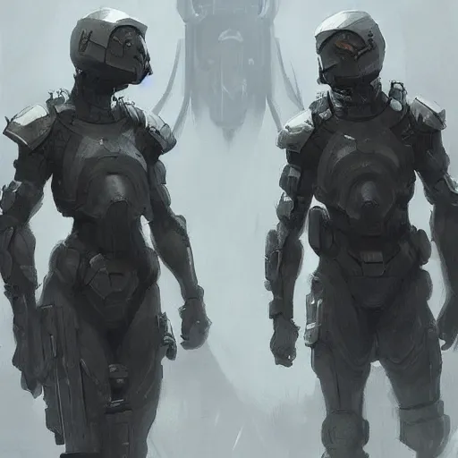 Image similar to concept art by greg rutkowski, soldiers wearing futuristic white and black tactical gear, running through a brutalist futuristic interior, dim lighting, detailed portraits, stressfull atmosphere, scifi, digital painting, artstation, concept art, smooth, sharp foccus ilustration, artstation hq