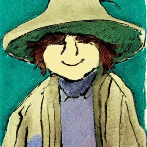Prompt: Snufkin smiling in the style of Tove Jansson