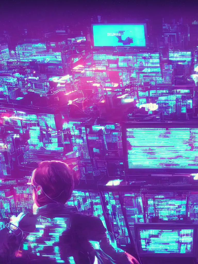 Image similar to programmer coding in front of a thousand screens, synthwave, digital art, artstation