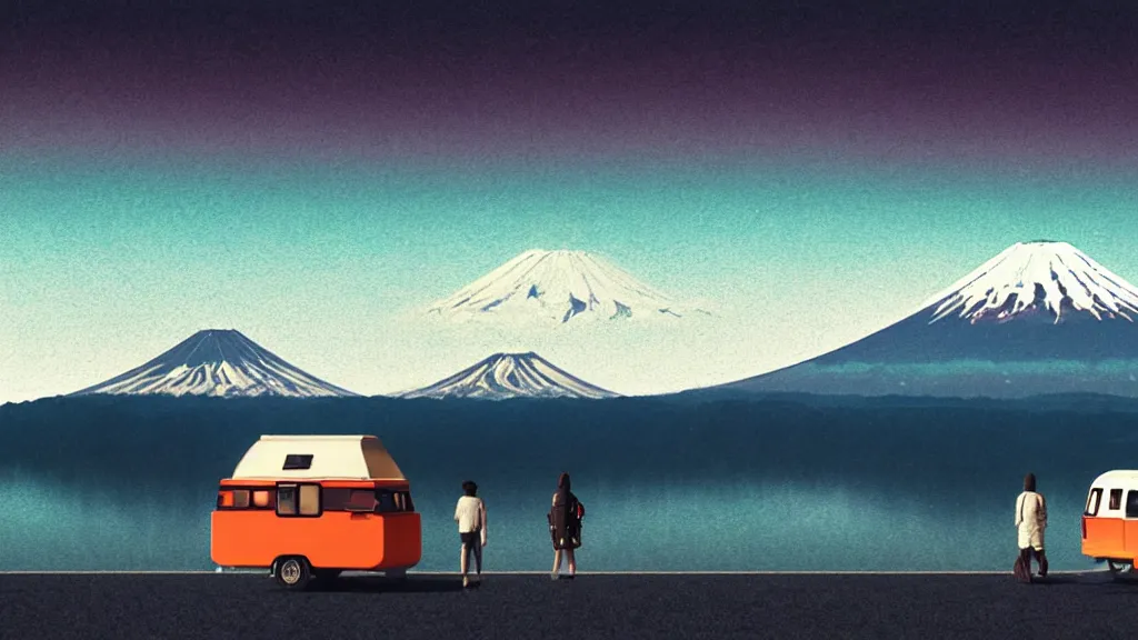 Prompt: a scene of two travellers and their camper touring overlook at the edge of yamanaka lake, reflecting mount fuji and a dramatic sky, japan, a collage painting, in the style of wes anderson, lola dupre, david hockney, isolated on negative white space background dark monochrome neon spraypaint accents volumetric octane render