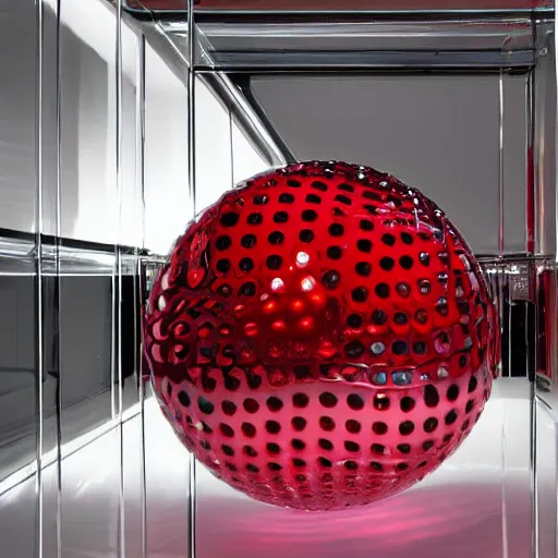 Prompt: chrome spheres on a red cube by masaaki sato