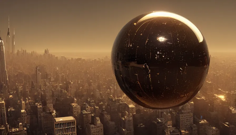 Image similar to giant metallic sphere smashing new york city, hyperdetailed, artstation, cgsociety, 8 k