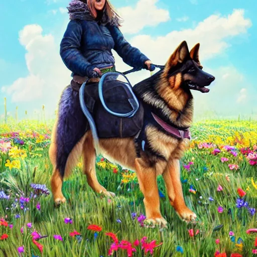 Image similar to girl riding a giant German shepherd in a field of flowers, trending on artstation