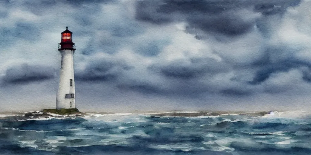 Image similar to stormy sea and dramatic sky, a lighthouse on a cliff, watercolor, artstation, realistic, moody