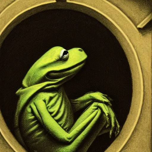 Image similar to traditional portrait of kermit in front of a window, close up, realistic, dramatic light, Chiaroscuro, illustration by Gustave Doré