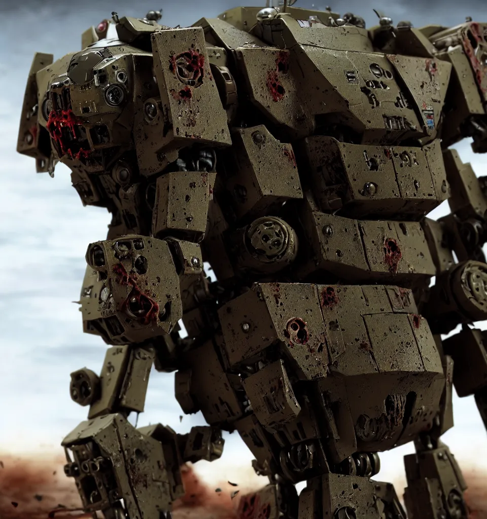 Prompt: a close up cinematic still of a zombie heavy battlemech military with flesh, by kow yokoyama, maschinen krieger, hobby japan, stormy post apocalyptic desert, highly detailed, 3 5 mm, shot with canon 5 d mark ii, face detail, rob bottin, rick baker, jordu schell, artstation, cg society, soft illumination