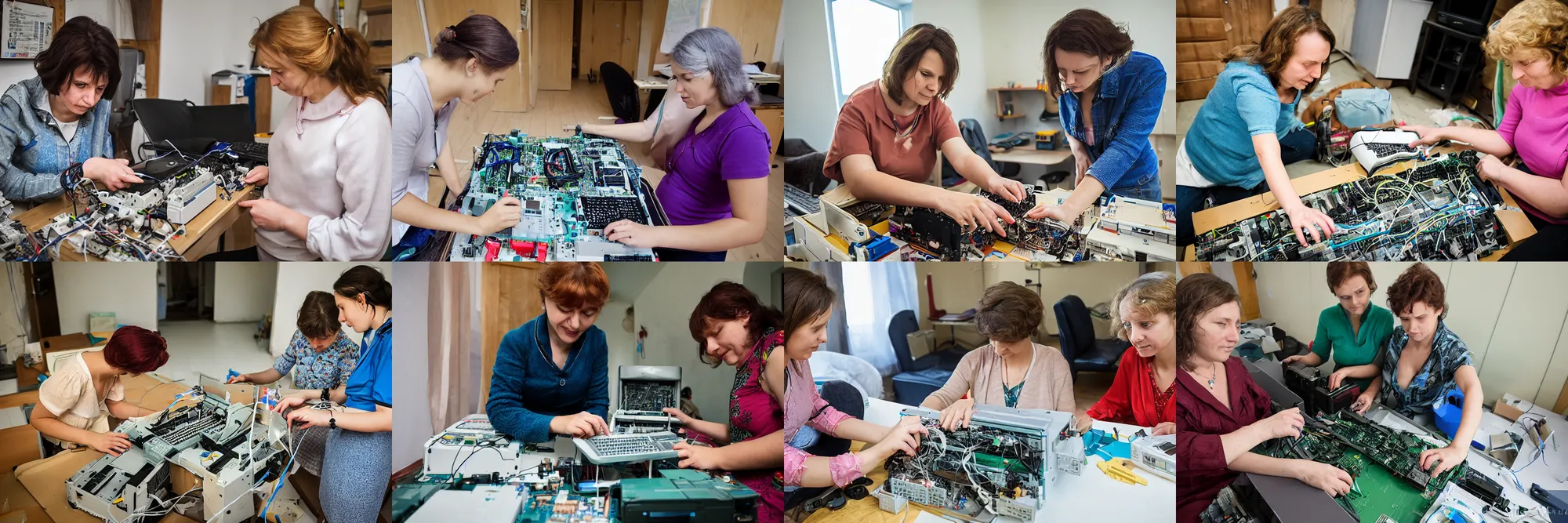 Prompt: accurate and logical two women assembling a comodore 64 computer, Ukraine. photography