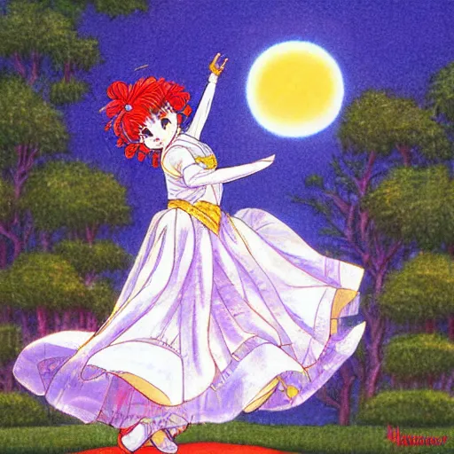 Prompt: girl in a white gown dancing in her bedroom as the sun is rising drawn by naoko takeuchi