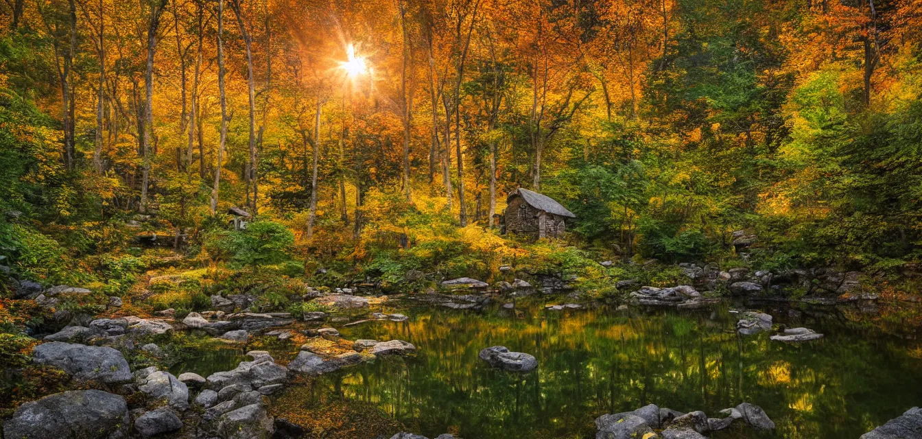 Prompt: stone cottages underneath a dense tall forest, pristine ponds. bodyscapes. fine painting intricate brush strokes, bright depth oil colors. 2 8 mm perspective photography by araken alcantara. intense promiseful happiness, autumn sunrise warm hdri forest light