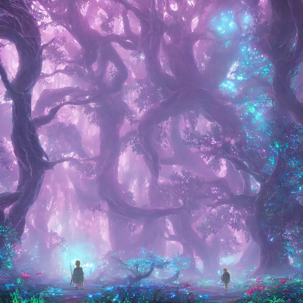 Image similar to huge trees, misty nighttime. radiating colorful energy. photorealistic, moody atmosphere, volumetric shading, holographic undertones, intricate and detailed, vivid dreamlike colors. ori and the blind forest, breath of the wild style, by miyazaki ghibli!!!. trending on artstation. award winning, daily deivation. pastel!! pink accents.