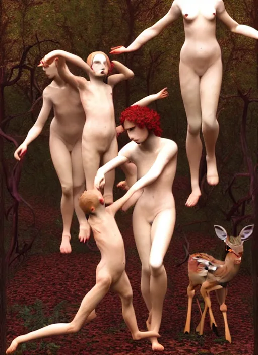 Image similar to photo of a pagan nymps dancing with fawns having a profound lifechanging psychedelic experience in a deep thorns bones bloody forest , by william-adolphe bouguereau and Austin Osman Spare and Takato Yamamoto, high resolution, rendered in octane 3d