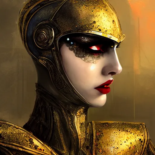Prompt: portrait knights of Zodiac girl+smoky eyes, metalic black and red mirror reflected armor, in ruined Agora of Athens black magic night, ssci-fi, fantasy, intricate, very very beautiful, elegant, golden light, highly detailed, digital painting, artstation, concept art, smooth, sharp focus, illustration, art by tian zi and WLOP and alphonse mucha