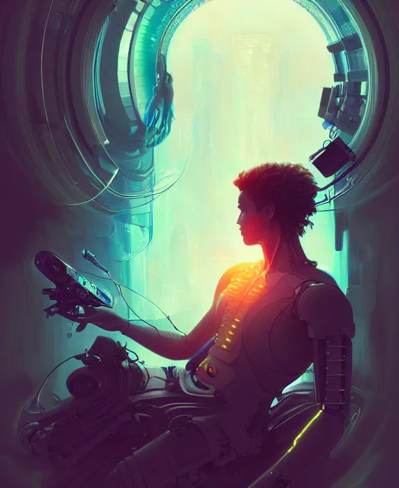 Image similar to a whirlwind inside the metaverse, guy, male, man, hologram, half body, neurochip, android, cyborg, cyberpunk face, by loish, d & d, fantasy, intricate, elegant, highly detailed, colorful, digital painting, artstation, concept art, art by artgerm and greg rutkowski and alphonse mucha