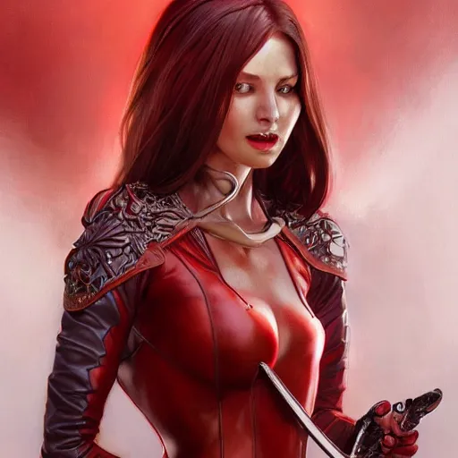 Prompt: portrait of a female demon with red skin wearing a skintight leather jacket holding a sword!!, intricate, elegant, highly detailed, digital painting, artstation, concept art, smooth, sharp focus, illustration, art by artgerm and greg rutkowski and alphonse mucha, 8 k