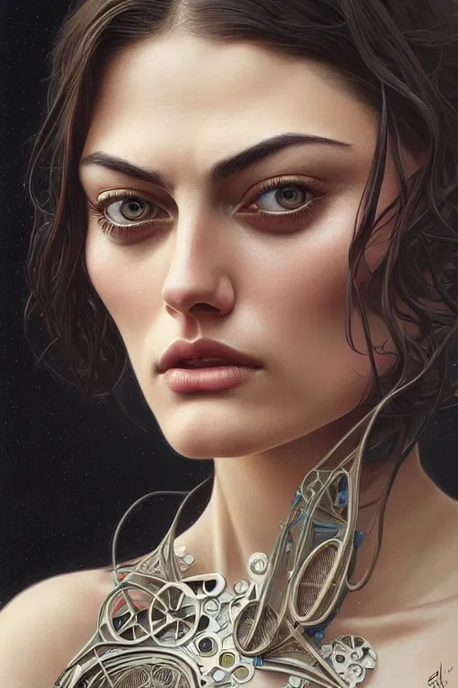 Image similar to symmetry!! portrait of phoebe tonkin, machine parts embedded into face, intricate, elegant, highly detailed, digital painting, artstation, concept art, smooth, sharp focus, illustration, art by artgerm and greg rutkowski and alphonse mucha, 8 k