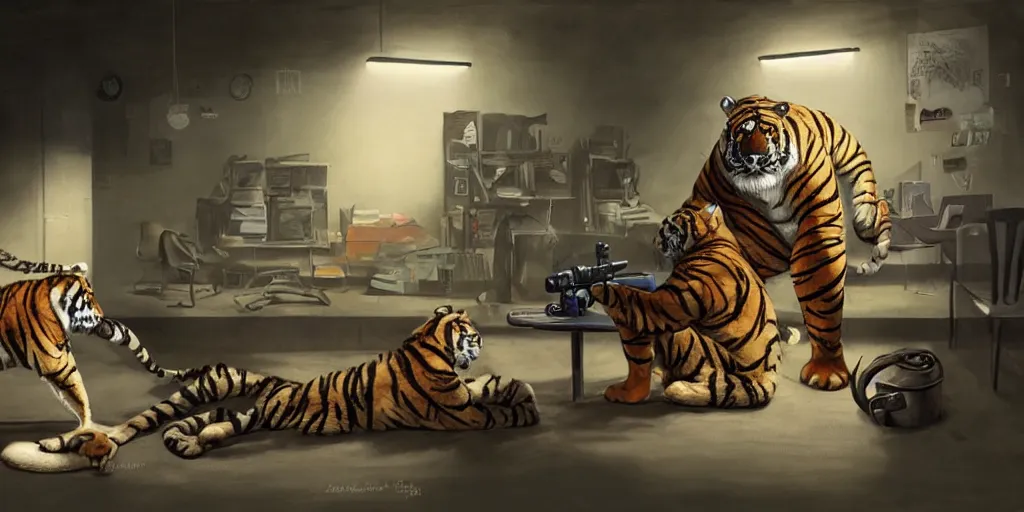 Prompt: a tiger wearing a bra is being interrogated by a detective seal at the police station, zenith view, warm color palette, night time, dramatic lighting, noir film, fine details, high contrast, blacksad, kim jung gi, greg rutkowski, trending on artstation, 8 k, ultra wide angle