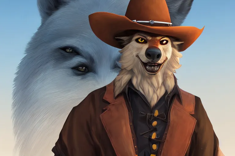 Image similar to character portrait icon of the anthro anthropomorphic of the male anthropomorphic wolf fursona wearing cowboy outfit wild west character design by charlie bowater, ross tran, artgerm, and makoto shinkai, detailed, soft lighting, rendered in octane