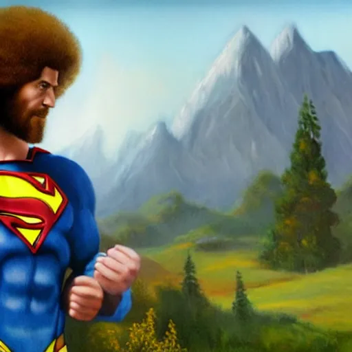 Prompt: a closeup photorealistic photograph of bob ross working on a canvas painting of superman. film still. brightly lit scene. mountains and trees. this 4 k hd image is trending on artstation, featured on behance, well - rendered, extra crisp, features intricate detail, epic composition and the style of unreal engine.