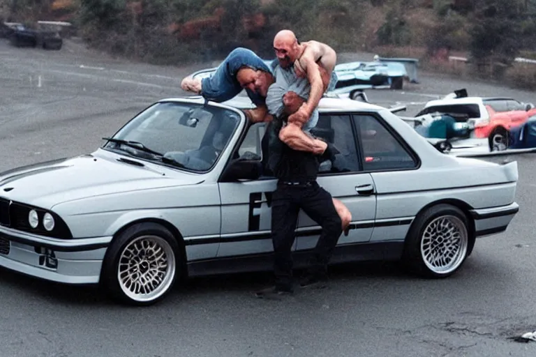 Image similar to Angry Jason Statham lifts BMW e30 in his arms,