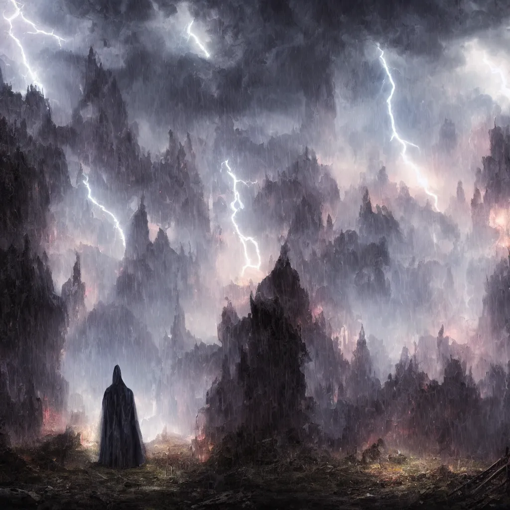 Prompt: a still of a cloaked figure standing in the ruins of crux prime, monastery, there is lightning, blue fiery maelstrom in the distance, it is raining, digital art, artstationhq