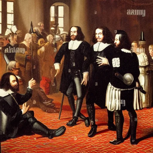 Image similar to Oliver Cromwell being arrested in Parliament by King Charles I painting 4K details