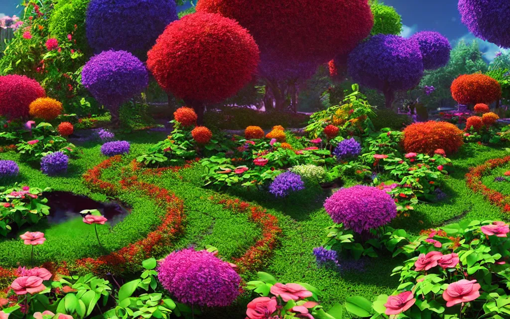 Image similar to a sprawling garden with many flowers and vines, sunny day, beautiful lighting, vivid colors!, highly detailed, cinematic, octane render, 4 k, trending on artstation, deviantart featured