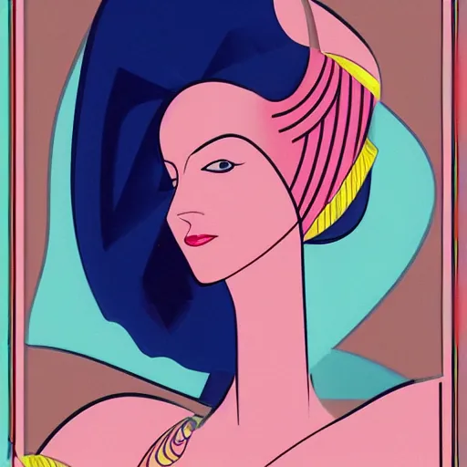 Prompt: a digital painting of a woman in a blue dress, an art deco painting by Patrick Nagel,, deviantart contest winner, art deco, matte drawing, storybook illustration, matte painting