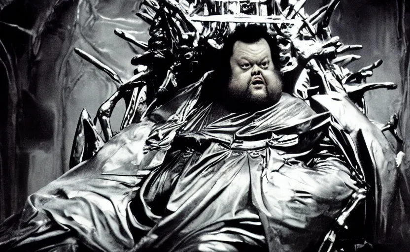 Image similar to chunky orson welles sitting on a dark throne, in an alien room by hans giger, film still from the movie by alejandro jodorowsky with cinematogrophy of christopher doyle and art direction by hans giger, anamorphic lens, kodakchrome, very detailed photo, 8 k