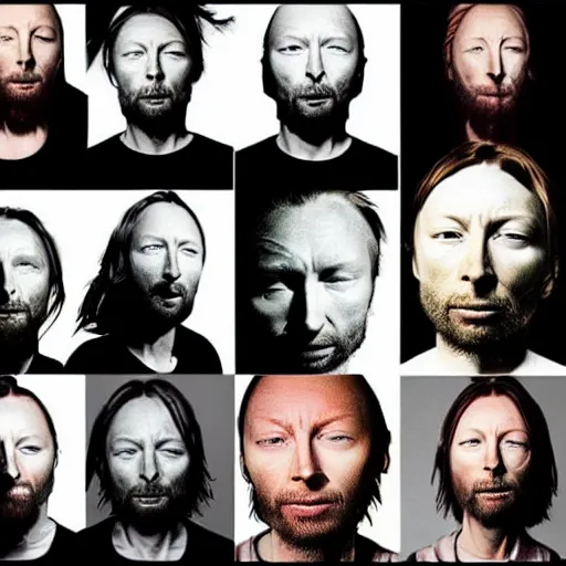 Image similar to versions collage, hyper realistic, many variations of thom yorke, very old, face variations, various emotions, various poses, high quality, brush stroke