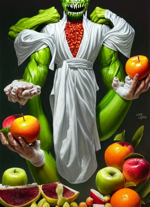 Image similar to full body shot of a monster man in a white toga, green skin, dressed in all white, clothes covered in different fruit, apples, oranges, bananas, intricate, highly detailed, concept art, hyperrealistic, oil painting by greg staples and tristan eaton, 8 k