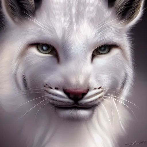 Prompt: beautiful realistic portrait of white anthropomorphic lynx by artgerm, furry fantasy art