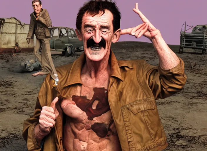 Prompt: barry chuckle conquering the wasteland, artwork by richard corben, 3 d, high resolution 8 k