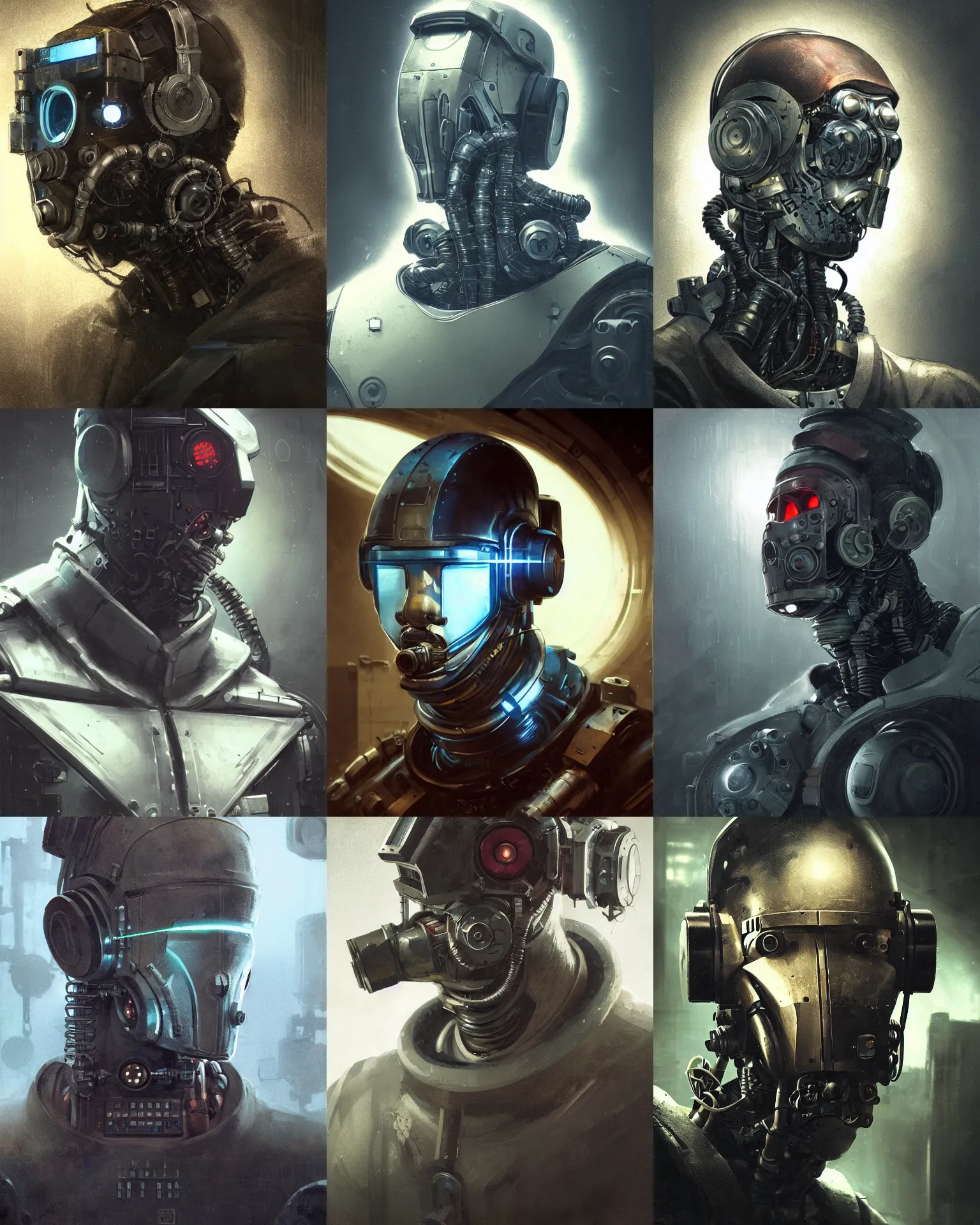 Prompt: a masked rugged engineer man with cybernetic enhancements in a control room, scifi character portrait by greg rutkowski, esuthio, craig mullins, 1 / 4 headshot, cinematic lighting, dystopian scifi gear, gloomy, profile picture, mechanical, half robot, implants, steampunk