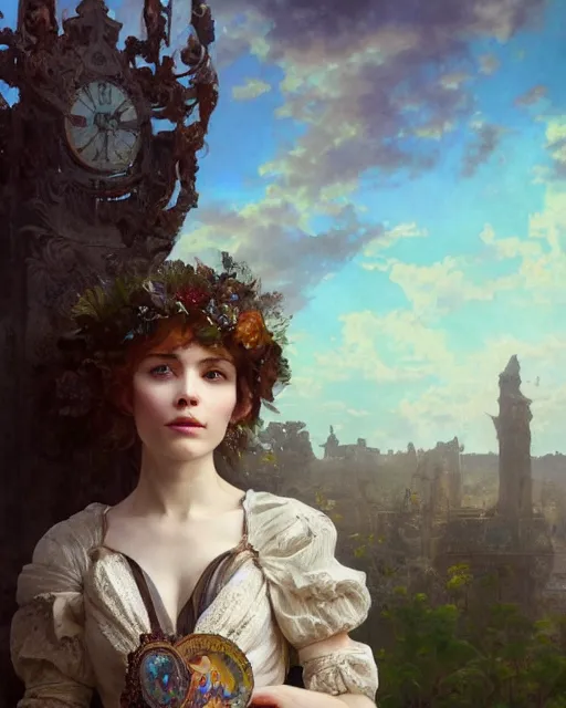 Image similar to a stunning intricate exquisite imaginative exciting western commoner close up portrait of an curious woman sitting with homely looks, tattered work clothes, ornate magical intricate and soft by ruan jia, tom bagshaw, alphonse mucha, krenz cushart, beautiful palace ruins in the background, epic sky, vray render, artstation, deviantart, pinterest, 5 0 0 px models