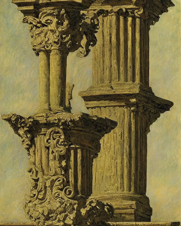 Image similar to achingly beautiful painting of intricate ancient roman corinthian capital on olive drab background by rene magritte, monet, and turner. giovanni battista piranesi.