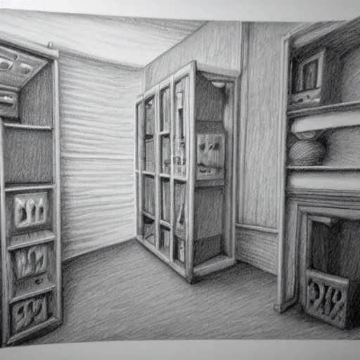 Prompt: the backrooms, extremely detailed pencil drawing