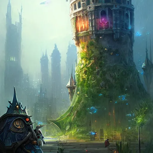 Prompt: a giant fish tank shaped like a tower in the middle of a city, godray on plants, fantasy digital art, fantasy style art, fantasy hearthstone art style, fantasy game art by greg rutkowski, darksouls concept art