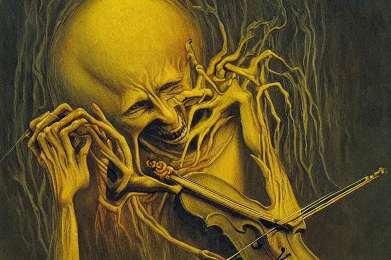 Image similar to cosmic horrifying artwork of a demonic painting of a skinny living corpse playing the violin by zdzisław beksinski