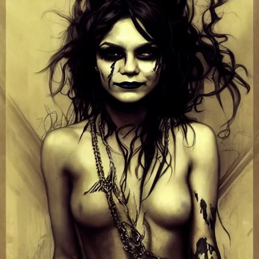 Image similar to beautiful portrait of vanessa hudgens as death from sandman, smiling, by cedric peyravernay, alphonse mucha, by jeremy mann, by lecouffe deharme, goth chic, soft lightning, eyeliner, punk rock, high detailed, 8 k