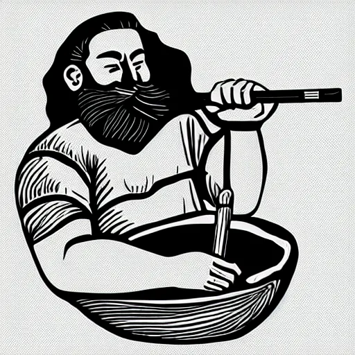 Prompt: bearded man turns bowl using woodlathe, vector art