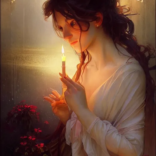 Image similar to girl in love, candle light, highly detailed, digital painting, cgsociety , concept art, sharp focus, illustration, art by artgerm and greg rutkowski and alphonse mucha