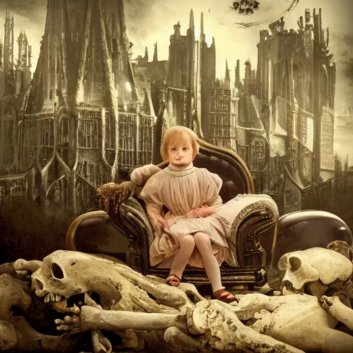 Image similar to a photo of young sad victorian gothic child with big eyes and wide grin sitting on a sofa of bones surrounded by a cyber futuristic cityscape made of human body parts, ultra detailed, 8 k resolution, beautiful lighting, expansive detailed layered city, landscape, 5 0 mm, perfect faces