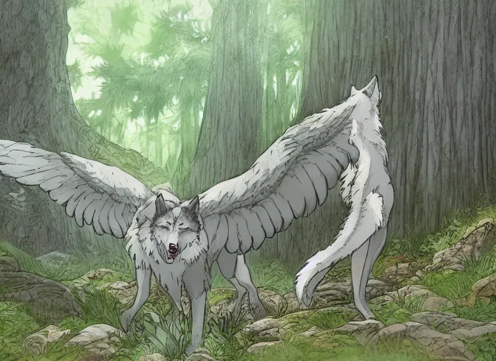Prompt: a beautiful wolf king spreading his wings in a mythical forest next to a pathway, grey eyes, by ghibli studio and miyasaki, illustration, great composition